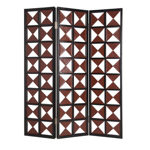 Benzara 3 Panel Room Divider with Symmetric Triangle Cutout Pattern, Small,Brown BM26478 Brown Wood and Faux leather BM26478