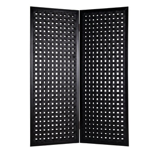 Benzara 2 Panel Room Divider with Leatherette Interwoven Square Cut Outs, Black BM26479 Black Wood and Leatherette BM26479