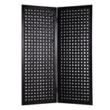 Benzara 2 Panel Room Divider with Leatherette Interwoven Square Cut Outs, Black BM26479 Black Wood and Leatherette BM26479