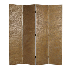 Benzara Foldable 4 Panel Canvas Room Divider with Swirl Details, Gold BM26480 Gold Wood and Fabric BM26480