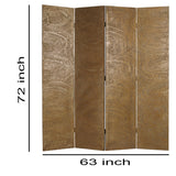 Benzara Foldable 4 Panel Canvas Room Divider with Swirl Details, Gold BM26480 Gold Wood and Fabric BM26480