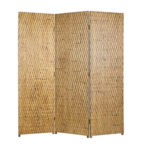 Benzara 3 Panel Foldable Room Divider with Patterned Wood Panelling, Gold BM26484 Gold Wood BM26484