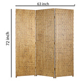 Benzara 3 Panel Foldable Room Divider with Patterned Wood Panelling, Gold BM26484 Gold Wood BM26484