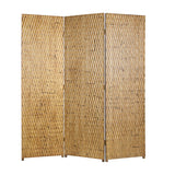 3 Panel Foldable Room Divider with Patterned Wood Panelling, Gold