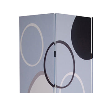 Benzara 3 Panel Room Divider with Overlapping Circles Pattern, Black and Gray BM26493 Gray and Black Wood and Fabric BM26493