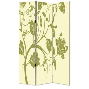 Benzara 3 Panel Room Divider with Stems and Flower Pattern, Cream and Green BM26494 Cream and Green Wood and Fabric BM26494