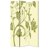 3 Panel Room Divider with Stems and Flower Pattern, Cream and Green