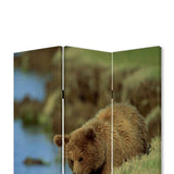 Benzara 3 Panel Foldable Wooden Screen with Bear Print, Blue and Brown BM26506 Blue and Brown Fabric, Wood BM26506