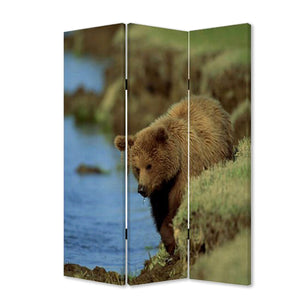 Benzara 3 Panel Foldable Wooden Screen with Bear Print, Blue and Brown BM26506 Blue and Brown Fabric, Wood BM26506