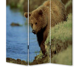 Benzara 3 Panel Foldable Wooden Screen with Bear Print, Blue and Brown BM26506 Blue and Brown Fabric, Wood BM26506