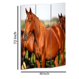 Benzara 3 Panel Foldable Wooden Screen with Horse Print, Brown BM26507 Brown Fabric, Wood BM26507