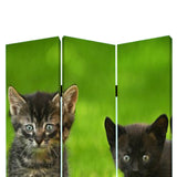 Benzara 3 Panel Foldable Wooden Screen with Kitten Print, Brown and Green BM26508 Brown and Green Fabric, Wood BM26508