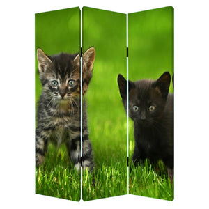 Benzara 3 Panel Foldable Wooden Screen with Kitten Print, Brown and Green BM26508 Brown and Green Fabric, Wood BM26508