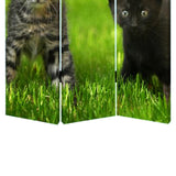 Benzara 3 Panel Foldable Wooden Screen with Kitten Print, Brown and Green BM26508 Brown and Green Fabric, Wood BM26508