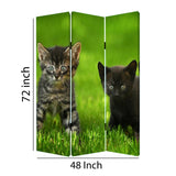 Benzara 3 Panel Foldable Wooden Screen with Kitten Print, Brown and Green BM26508 Brown and Green Fabric, Wood BM26508