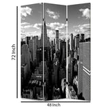 Benzara 3 Panel Foldable Screen with New York Skyline Print, Black and White BM26512 Black and White Fabric, Wood BM26512