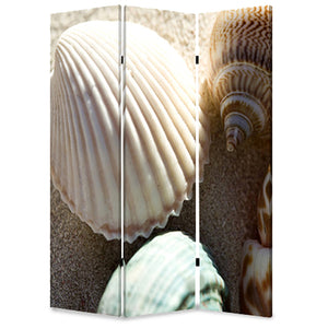 Benzara 3 Panel Foldable Canvas Screen with Seashell Print, Brown and White BM26515 Brown and White Fabric, Wood BM26515