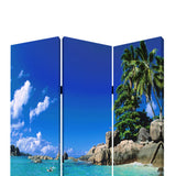 Benzara 3 Panel Foldable Canvas Screen with Exotic Oceanside Print, Multicolor BM26516 Multicolor Fabric, Wood BM26516