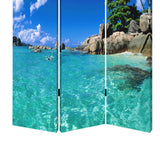 Benzara 3 Panel Foldable Canvas Screen with Exotic Oceanside Print, Multicolor BM26516 Multicolor Fabric, Wood BM26516