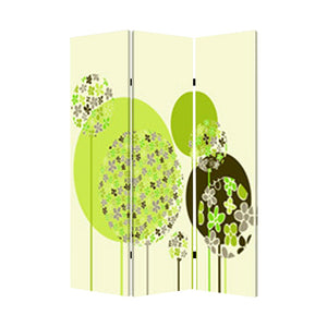 Benzara Abstract Floral Printed Foldable Screen with 3 Panels, Green and White BM26519 Green and White Fabric, Wood BM26519