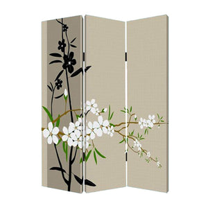 Benzara 3 Panel Foldable Canvas Screen with Plum Blossom Print , Multicolor BM26521 Multicolor Fabric, Wood BM26521