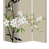 Benzara 3 Panel Foldable Canvas Screen with Plum Blossom Print , Multicolor BM26521 Multicolor Fabric, Wood BM26521