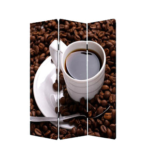 Benzara 3 Panel Foldable Canvas Screen with Coffee Print, Brown and White BM26522 Brown and White Fabric, Wood BM26522