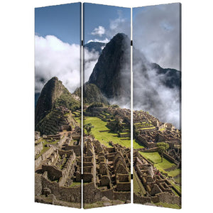 Benzara 3 Panel Foldable Canvas Screen with Machu Picchu Print, Multicolor BM26527 Multicolor Fabric, Wood BM26527