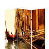 Benzara Venice Street Printed Foldable Screen with 3 Panels, Brown BM26528 Brown Fabric, Wood BM26528