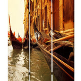 Benzara Venice Street Printed Foldable Screen with 3 Panels, Brown BM26528 Brown Fabric, Wood BM26528