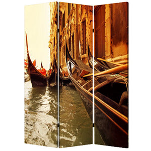 Benzara Venice Street Printed Foldable Screen with 3 Panels, Brown BM26528 Brown Fabric, Wood BM26528