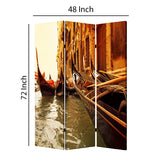 Benzara Venice Street Printed Foldable Screen with 3 Panels, Brown BM26528 Brown Fabric, Wood BM26528