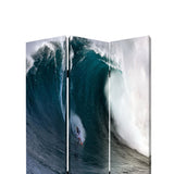 Benzara Surfing High Wave Print Foldable Canvas Screen with 3 Panels, Blue BM26535 Blue Fabric, Wood BM26535