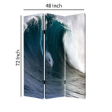 Benzara Surfing High Wave Print Foldable Canvas Screen with 3 Panels, Blue BM26535 Blue Fabric, Wood BM26535