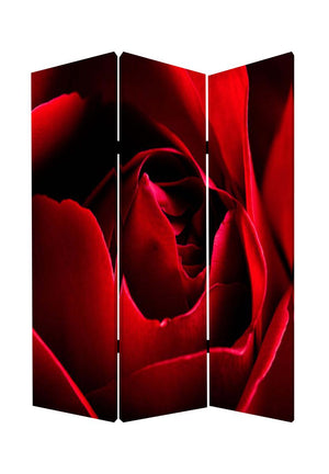 Benzara 3 Panel Foldable Canvas Screen with Rose Print, Red BM26536 Red Fabric, Wood BM26536