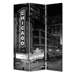 Benzara 3 Panel Foldable Screen with Chicago Print, Black and White BM26559 Black and White Wood and Fabric BM26559