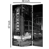 Benzara 3 Panel Foldable Screen with Chicago Print, Black and White BM26559 Black and White Wood and Fabric BM26559