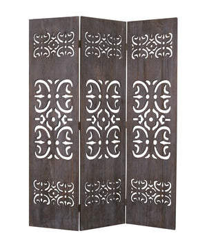 Benzara 3 Panel Shinto Cut Out Design Foldable Room Divider, Brown BM26575 Brown Solid Wood, Canvas and Metal BM26575