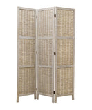 Benzara Cottage Style 3 Panel Room Divider with Willow Weaving, Gray BM26577 Gray Solid Wood, Willow and Metal BM26577