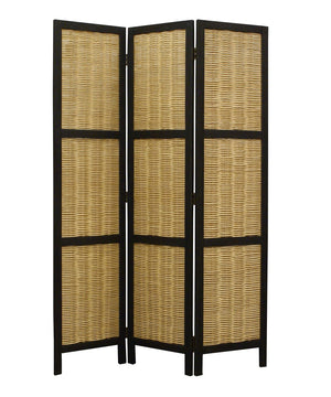 Benzara Cottage Style 3 Panel Room Divider with Willow Weaving, Black and Brown BM26578 Black and Brown Solid Wood, Willow and Metal BM26578