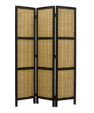 Cottage Style 3 Panel Room Divider with Willow Weaving, Black and Brown