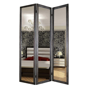 Benzara 3 Panel Wooden Foldable Mirror Encasing Room Divider, Gray and Silver BM26588 Gray and Silver Solid Wood, Mirror and Metal BM26588