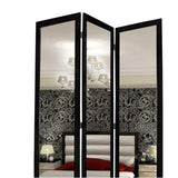 Benzara 3 Panel Wooden Foldable Mirror Encasing Room Divider, Black and Silver BM26590 Black and Silver Solid Wood, Mirror and Metal BM26590