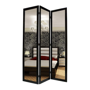 Benzara 3 Panel Wooden Foldable Mirror Encasing Room Divider, Black and Silver BM26590 Black and Silver Solid Wood, Mirror and Metal BM26590