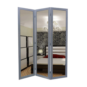 Benzara 3 Panel Wooden Foldable Mirror Encasing Room Divider,Light Gray and Silver BM26591 Gray and Silver Solid Wood, Mirror and Metal BM26591