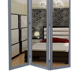 Benzara 3 Panel Wooden Foldable Mirror Encasing Room Divider,Light Gray and Silver BM26591 Gray and Silver Solid Wood, Mirror and Metal BM26591