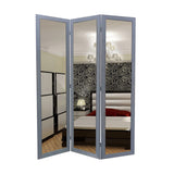 3 Panel Wooden Foldable Mirror Encasing Room Divider,Light Gray and Silver