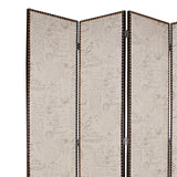 Benzara 4 Panel Scripted Fabric Wooden Foldable Room Divider, Beige and Brown BM26595 Beige and Brown Solid Wood, Fabric and Metal BM26595