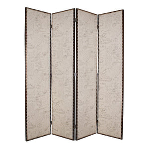 Benzara 4 Panel Scripted Fabric Wooden Foldable Room Divider, Beige and Brown BM26595 Beige and Brown Solid Wood, Fabric and Metal BM26595