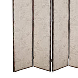 Benzara 4 Panel Scripted Fabric Wooden Foldable Room Divider, Beige and Brown BM26595 Beige and Brown Solid Wood, Fabric and Metal BM26595